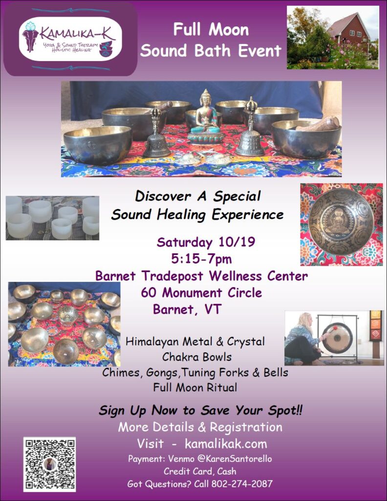 Full moon sound bath event at Barnet Tradepost Wellness Center 10-19-24
